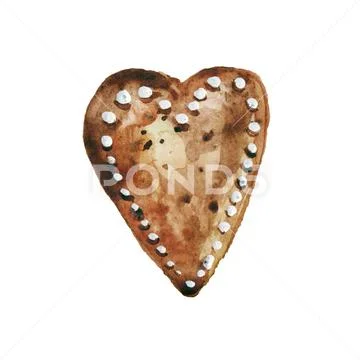 Heart-shaped watercolor gingerbread with white frosting. Object isolated on Stock Photos