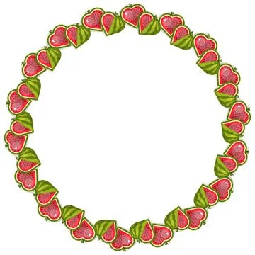 Heart shaped watermelon round frame, vector fruit wreath border 스톡 일러스트