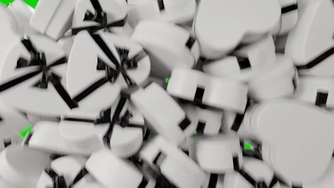 Heart-shaped white gift boxes with black ribbons are falling on a green backgrou Video stock 257769785