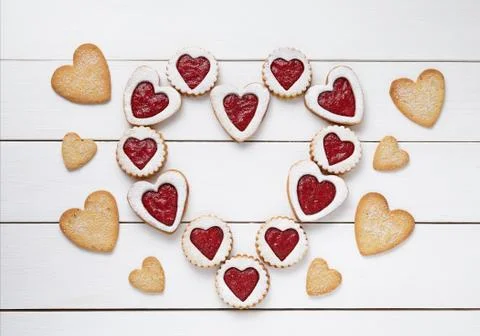Heart of the shortbread heart-shaped cookies with jam Valentines Day composition Stock Photos
