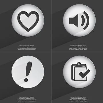 Heart, Sound, Exclamation mark, Task completed icon sign. Set of buttons with a Stock Illustration