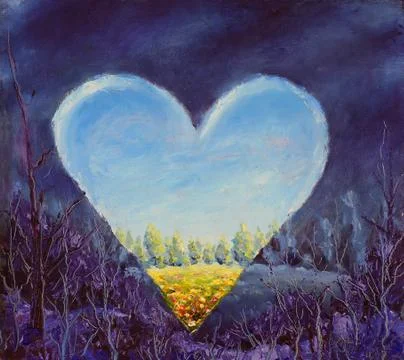 Heart, spring heart on canvas. Open heart. Knife art. イラスト素材