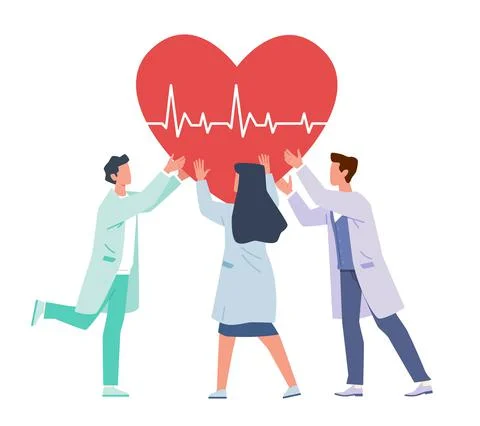 Heart Support. Doctors and nurses hold huge heart, cardiology team, professional Stock Illustration