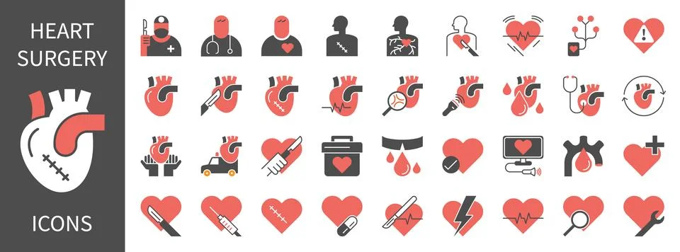 Heart surgery solid or glyph icons set. Medical cardiology, surgical proced.. Stock Illustration