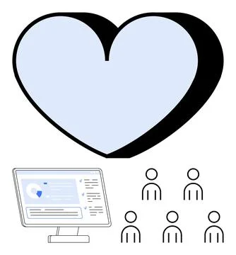 Heart Symbol Over Computer Screen with Data and Simplified Human Figures Re.. Stock Illustration