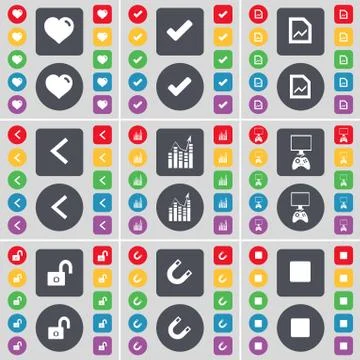 Heart, Tick, Graph file, Arrow left, Graph, Game console, Lock, Magnet, Media st Stock Illustration