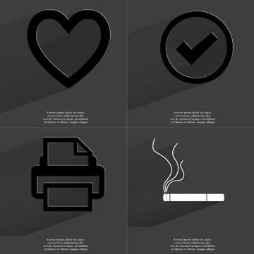 Heart, Tick, Printer, Cigarette icon sign. Set of Symbols with Flat design an Stock Illustration
