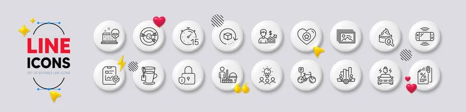 Heart, Timer and Teamwork chart line icons. For web app, printing. White buttons Stock Illustration