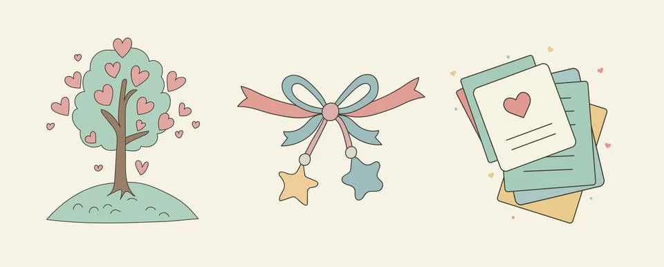 Heart Tree Bow and Star Love Letters Romantic Stationery Collection Stock Illustration