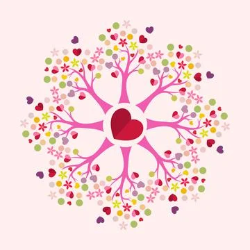 Heart Tree radial pattern with hearts and colourful dots and flowers as leave Stock Illustration