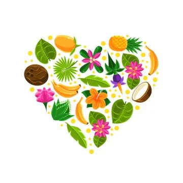 Heart with tropical fruit pattern. Vector illustration on a white background. イラスト素材