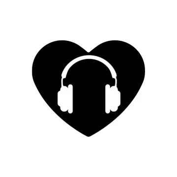 Heart vector black icon, Love symbol. Orange headphones in heart. Stock Illustration