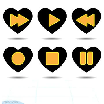 Heart vector black icon, Love symbol. Set of orange media player buttons. Stock Illustration