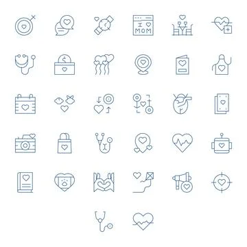 Heart Vector Icon Collection with 32 High Resolution Thin Line Designs Stock Illustration