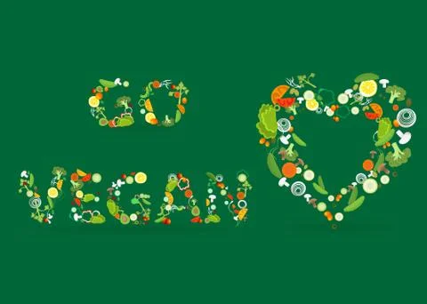 Heart of vegetable pattern with an inscription go vegan, for web and print de Stock Illustration