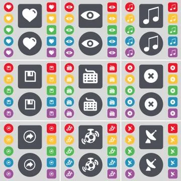Heart, Vision, Note, Floppy, Keyboard, Stop, Back, Speaker, Satellite dish icon Stock Illustration