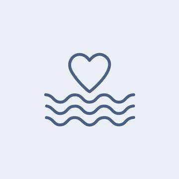 Heart waves icon. Simple line art icon of a heart floating above water wave.. Stock Illustration