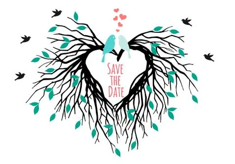 Heart wedding tree with birds, vector Stock Illustration