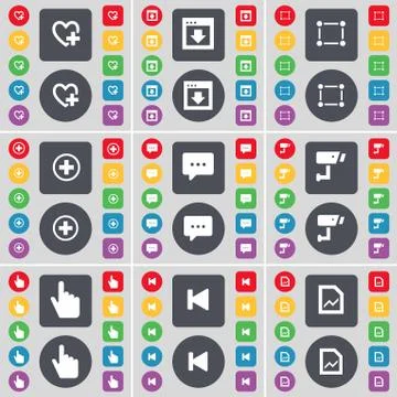 Heart, Window, Frame, Plus, Chat, CCTV, Hand, Media skip, Graph file icon symbol Stock Illustration