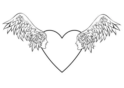 Heart with wings. Two wings with human faces. Angel vector. Wings tattoo. Stock Illustration