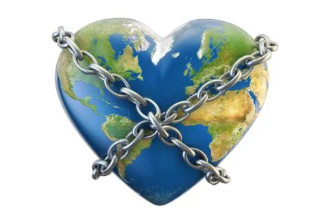 Heart world globe in chain, security concept. 3D rendering Stock Illustration