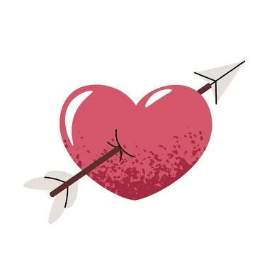 Heart wounded by Cupid's arrow in flat cartoon style. Heart on white backgrou Stock Illustration