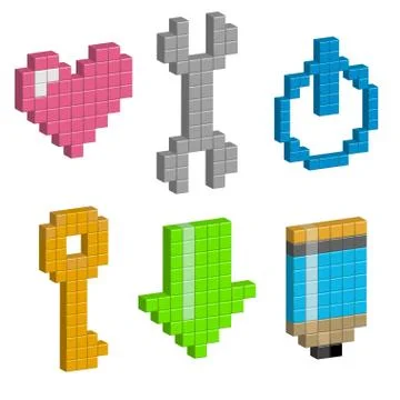 Heart, wrench, power button, load, pencil in pixel design. Illustrazione stock