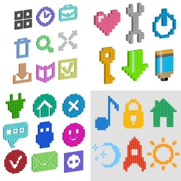 Heart, wrench, power button, load, pencil in pixel design. Illustrazione stock