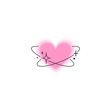 Heart Y2K gradient blurred element with line art, pink heart shape with aura and Stock Illustration