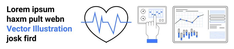 Heartbeat in heart shape, touchscreen control panel, data analysis panel with Illustrazione stock