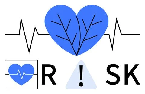 Heartbeat line intersecting a heart shape with branches, warning exclamation  Stock Illustration