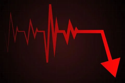 Heartbeat line morphs into falling red arrow on dark grid, showing sudden Stock Illustration