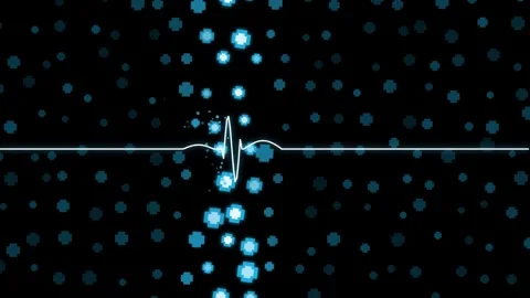 Heartbeat line pulse over glowing blue pixel star field background in motio.. Stock Footage 342784469