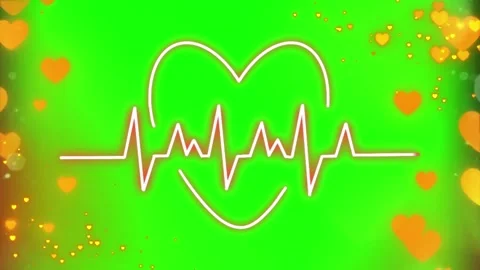 Heartbeat pulse line animation with floating golden hearts over green screen Stock Footage 345101657