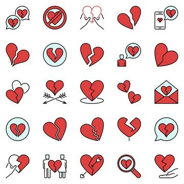Heartbreak colored icons set - vector Broken Heart and divorce concept signs Stock Illustration
