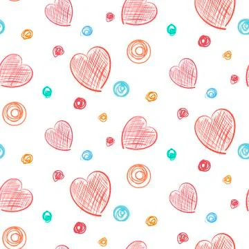 Hearts and Dots Simple Colored hand drawn background seamless pattern Stock Illustration