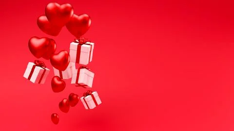 Hearts and gift boxes on red background. Valentine day backdrop. 3d render Stock Illustration