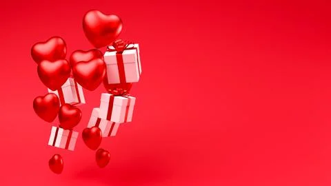 Hearts and gift boxes on red background. Valentine day backdrop. 3d render Stock Illustration