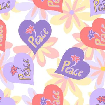 Hearts And Peace Text Vector Seamless Repeat Pattern Stock Illustration