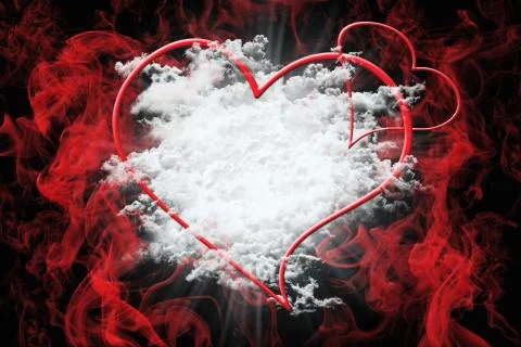 Hearts and White Fluffy Clouds With Red Smoke. Valentine's Day Concept Back.. Stock-Illustration