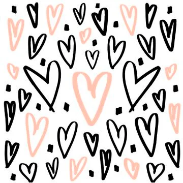 Hearts background made with brush. Expressive romantic hand drawn hearts. V.. Stock Illustration