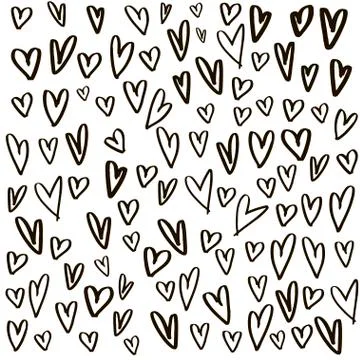 Hearts background made with brush. Expressive romantic hand drawn hearts. V.. Stock Illustration
