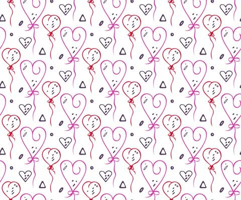 Hearts balloon party seamless pattern. Funny doodle hand drawn colorful Stock Illustration