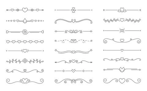 Hearts border divider black editable line set Stock Illustration