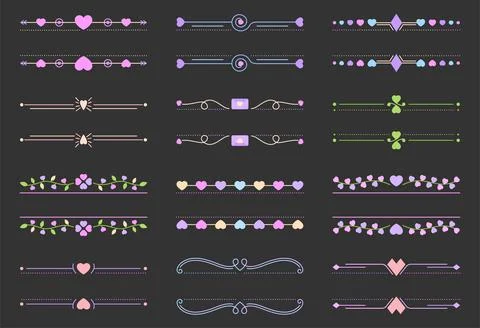 Hearts border divider editable line colorful set Stock Illustration