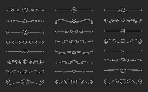Hearts border divider white editable line set Stock Illustration