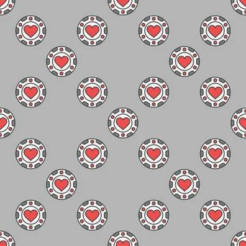 Hearts Casino Chip vector colored seamless pattern or background Stock Illustration