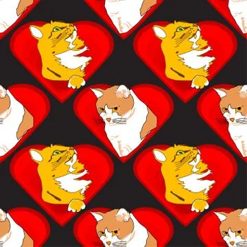 Hearts with Cats in Love Pattern Stock Illustration