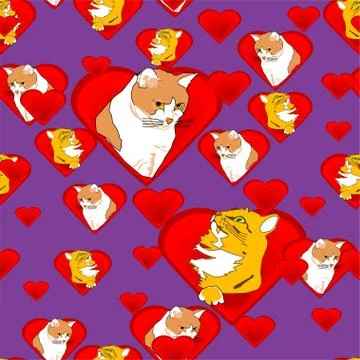 Hearts with Cats in Love Pattern Stock Illustration