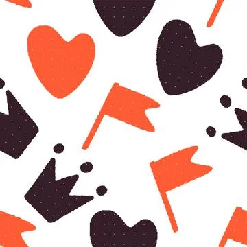 Hearts Crowns Flags Seamless Pattern. Vector seamless dithering pixel style.. Stock Illustration